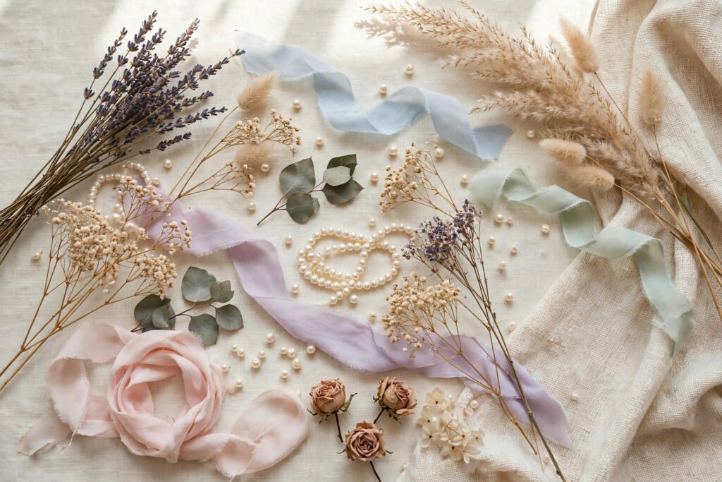 Aesthetic username generator ideas mood board with dried flowers and pearls