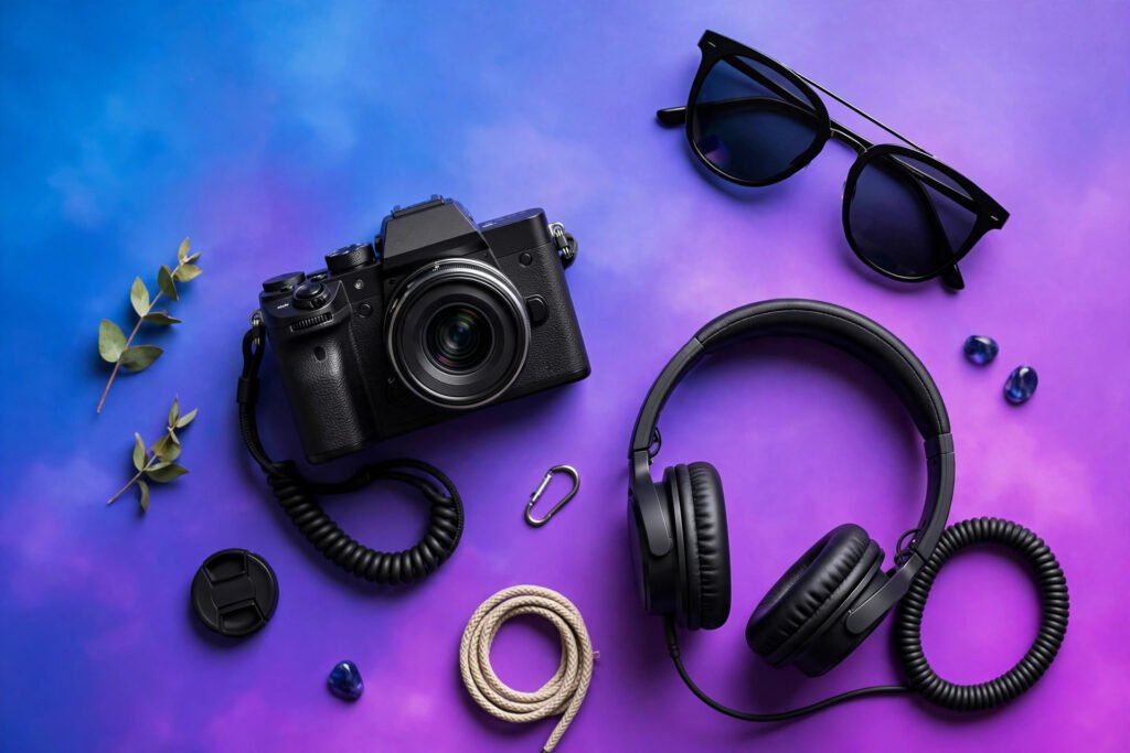 Camera and headphones flat lay for cool Instagram usernames