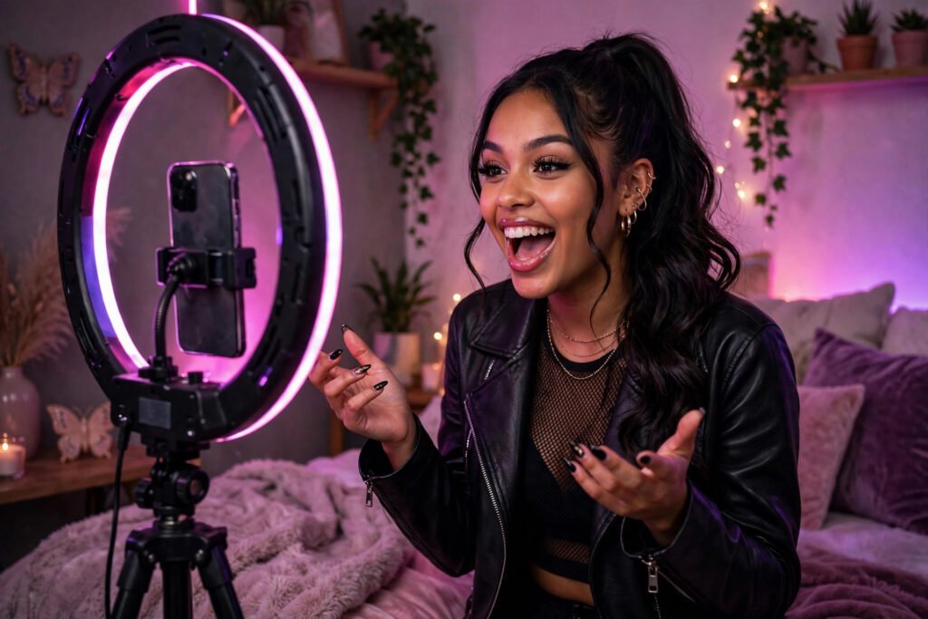 Young woman filming TikTok video with ring light, baddie usernames for TikTok inspiration