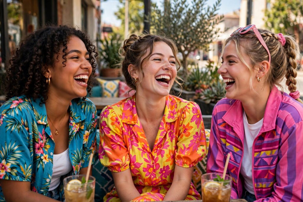 Laughing young woman with friends, funny baddie usernames inspiration