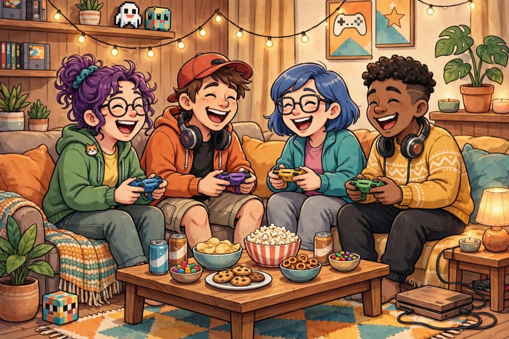 Cartoon gamers laughing on a couch with controllers, art for funny clan name generator ideas