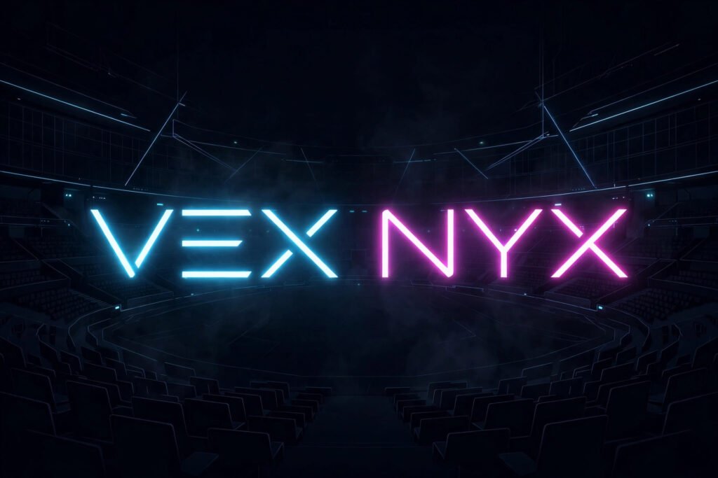 Glowing neon VEX and NYX clan tags over a dark arena, art for short clan name generator tags