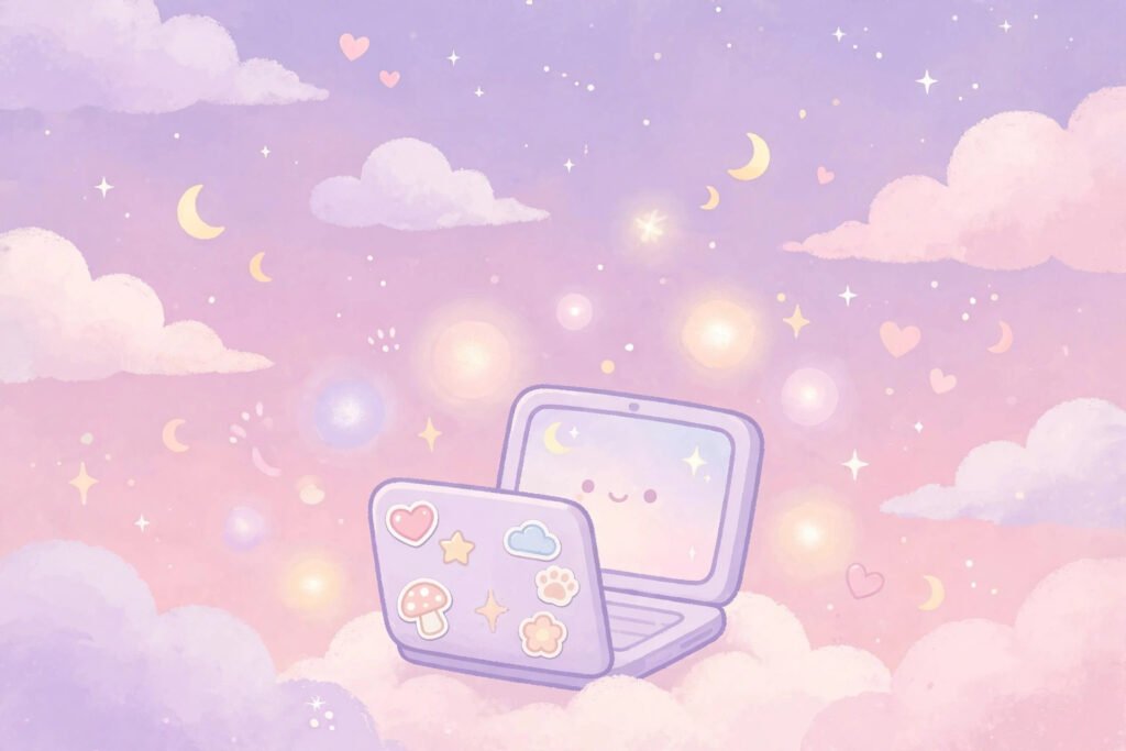 Pastel dreamy illustration of cute aesthetic discord usernames on a laptop
