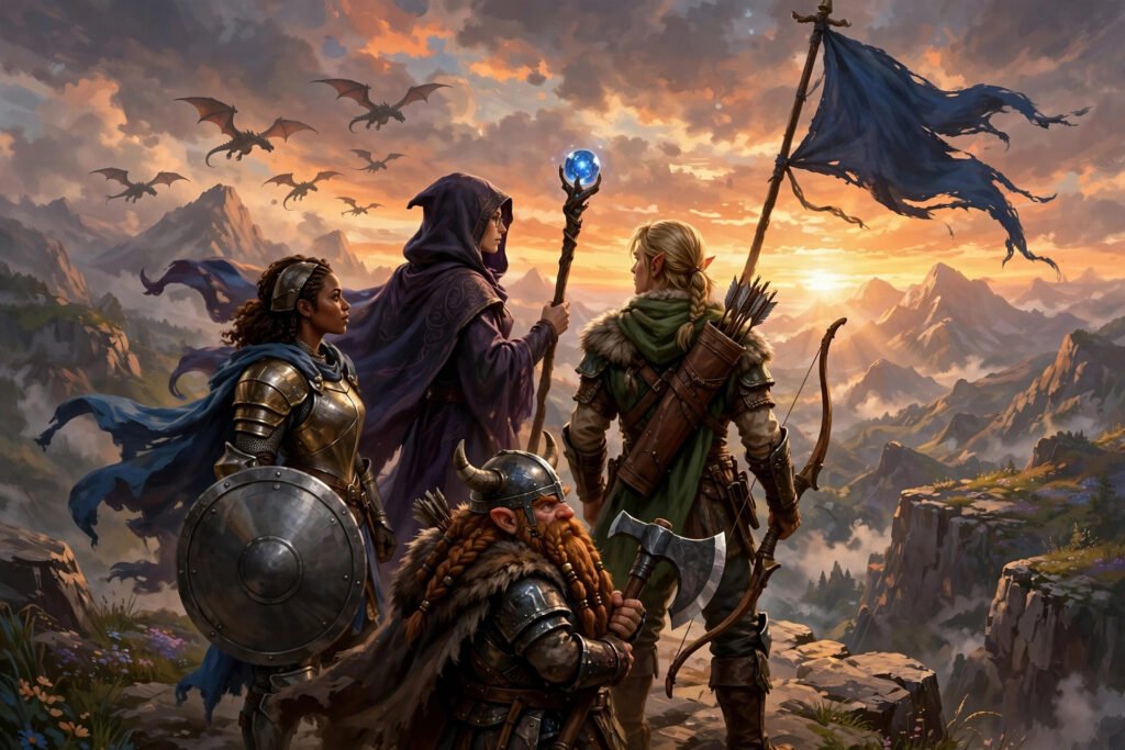 Knight, mage, archer and dwarf standing on a cliff with a guild banner, in content art for guild name generator ideas