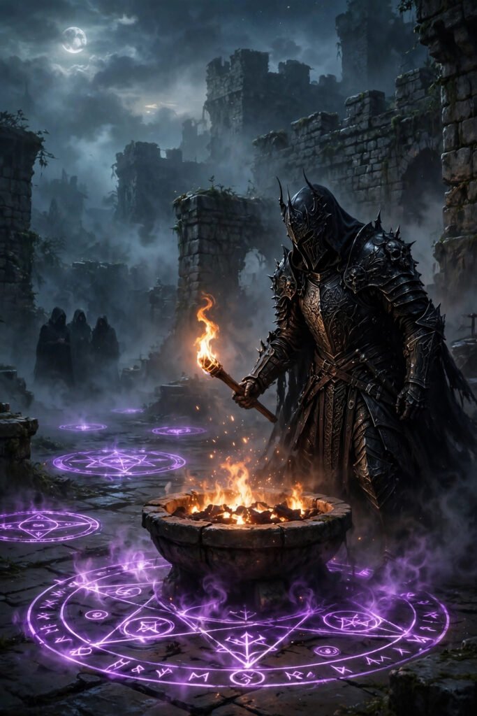 Dark armored guild master with a flaming brazier and glowing purple runes in a foggy fortress for dark guild name ideas