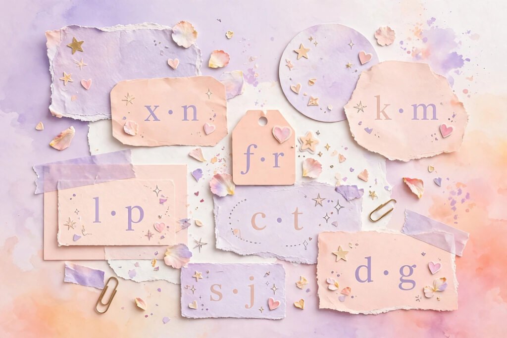 Soft pastel collage of aesthetic username styling ideas with lowercase letters and symbols