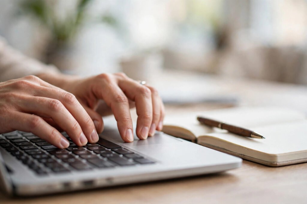 Hands typing a professional username on a laptop keyboard in a modern workspace