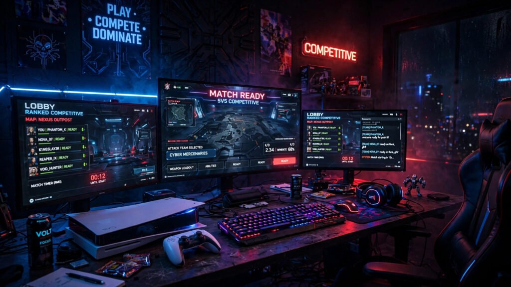 Dark gaming setup with RGB lights and bold text showing cool PSN names for 2026