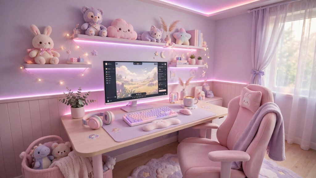 Soft pastel gaming room with dreamy lights showing aesthetic PSN name ideas
