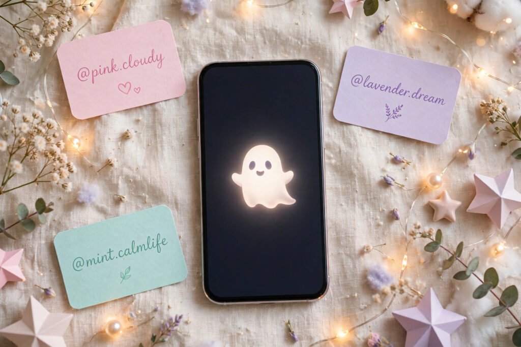 Pastel flat lay of cute snapchat username ideas with a glowing ghost on a phone