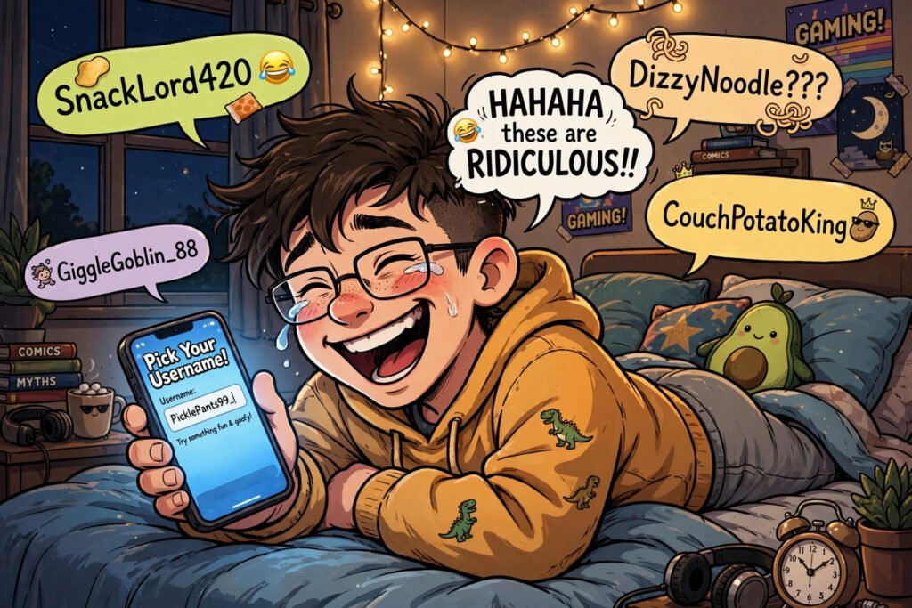 Funny cartoon of a teen picking silly snapchat username ideas on a phone at night