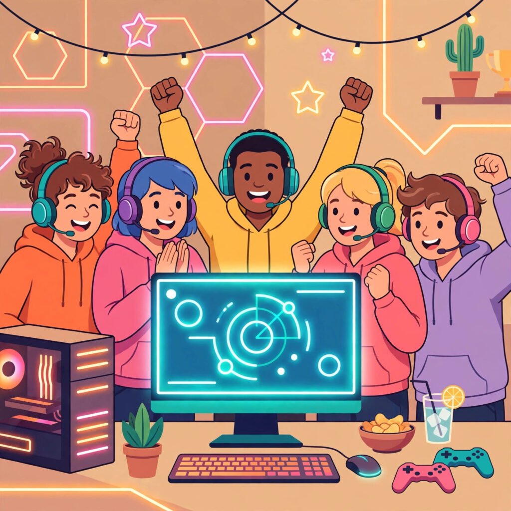 Gaming squad with headsets brainstorming esports team names