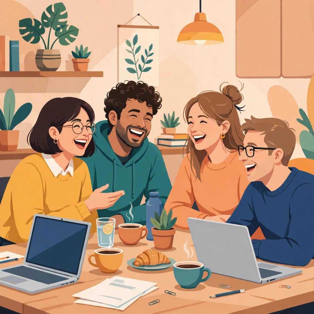 Office coworkers laughing together while choosing funny team names