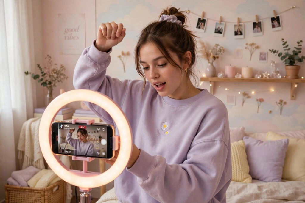 Creator brainstorming trendy handles with a TikTok username generator in a pastel room