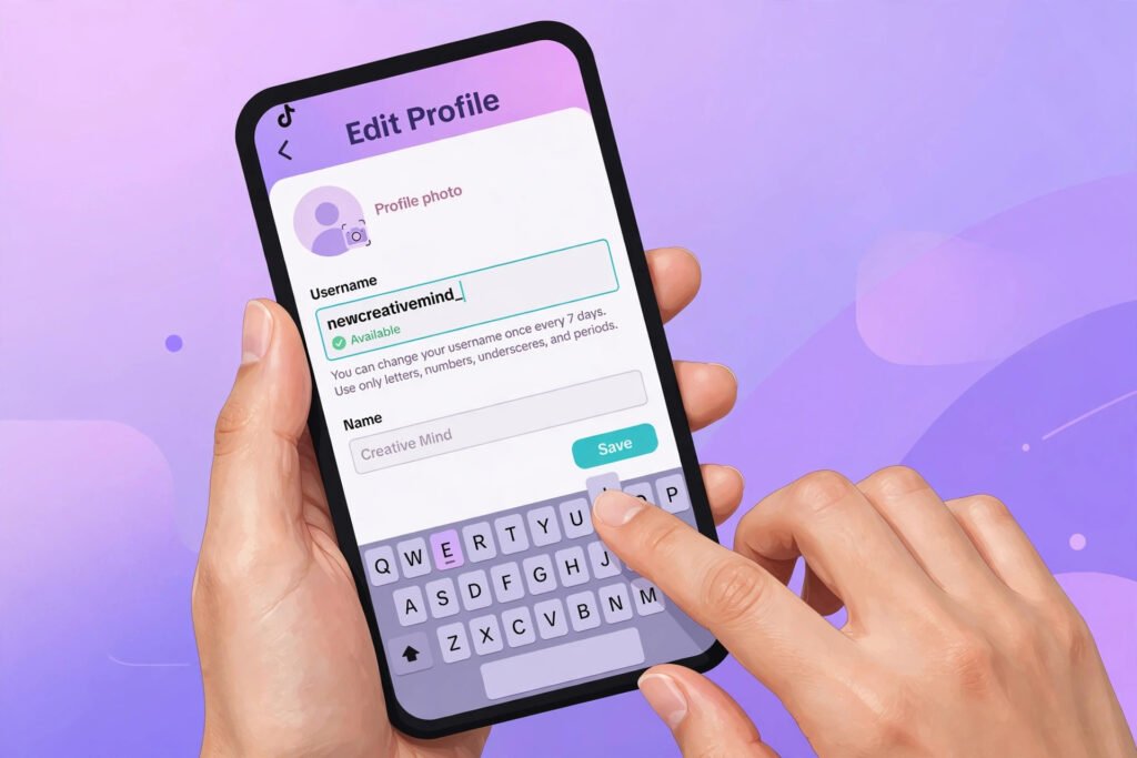 Typing a new handle picked with a TikTok username generator into TikTok profile settings