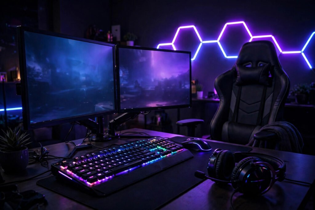 Creative twitch username ideas glowing over a streaming desk scene