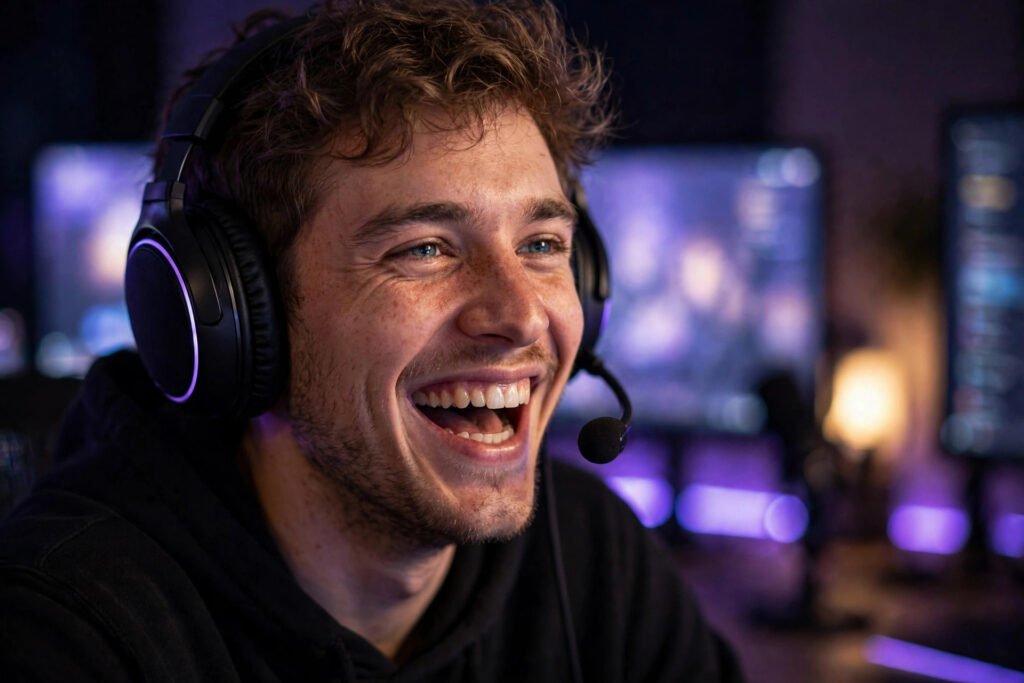 Streamer laughing while reading funny twitch username ideas on screen