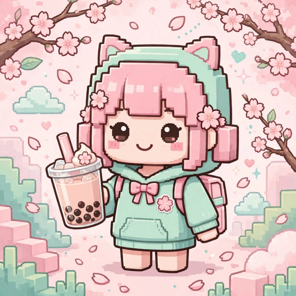 Kawaii usernames for Roblox girls: cute avatar with boba tea and cherry blossoms