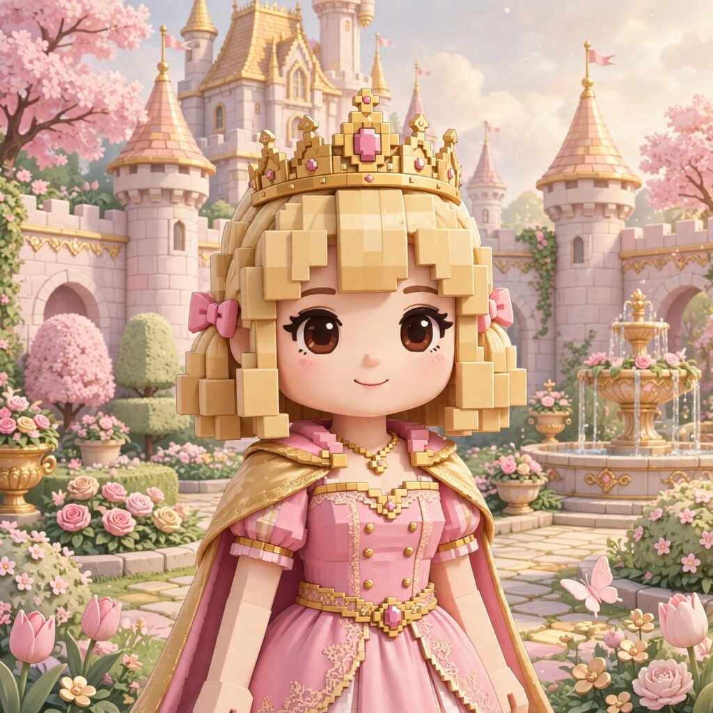 Royal usernames for Roblox girls: princess avatar with golden tiara in castle garden