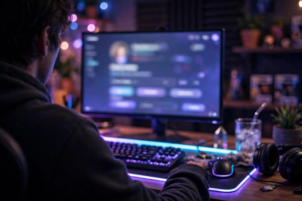 Gamer choosing a clean letter-only gamertag with no numbers at a neon desk