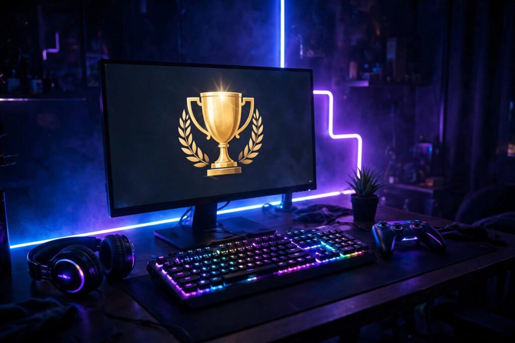 Gaming YouTube channel name ideas inspiration with glowing RGB setup, controller and trophy monitor