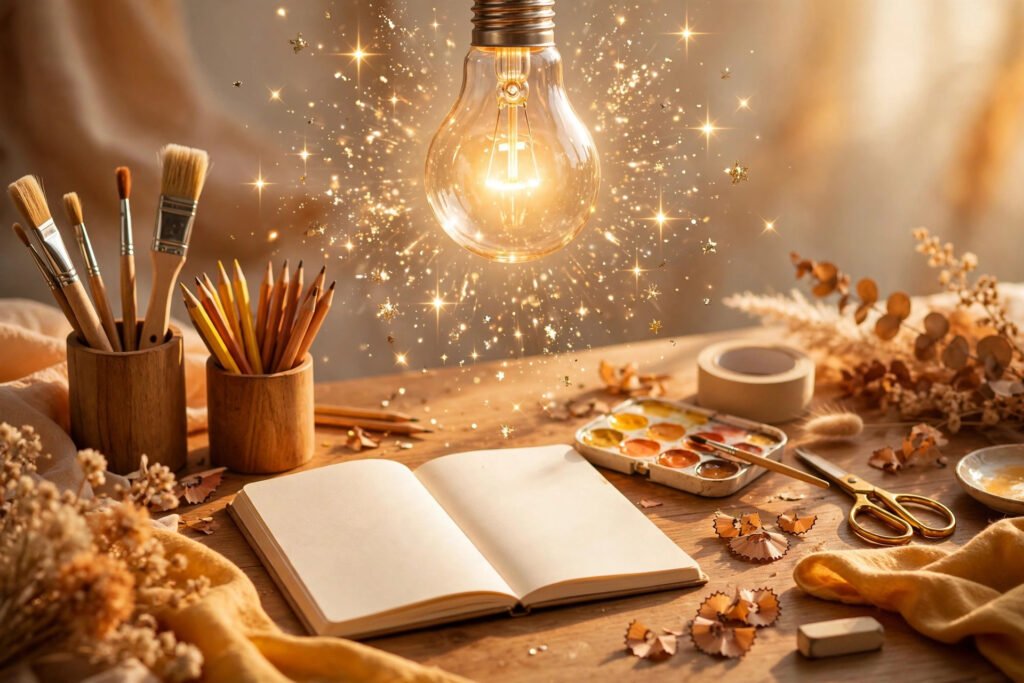 Expert tips for YouTube channel name ideas with a lightbulb over a desk of creative tools