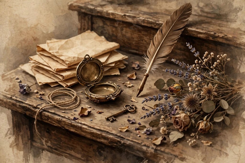 Vintage desk with letters and locket for old soul aesthetic usernames with meaning