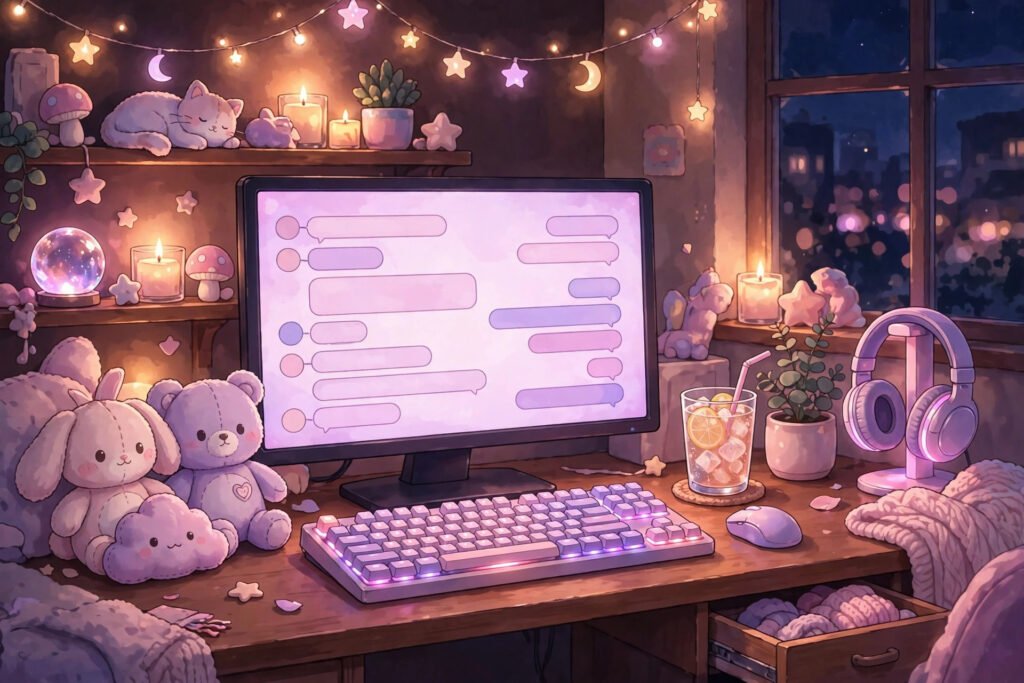 Cozy gaming setup art for soft cute Discord usernames