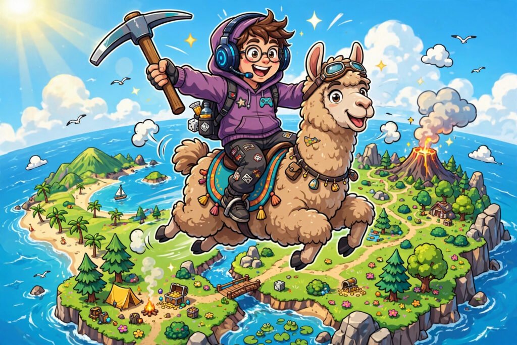 Funny good Fortnite names styled on a bright cartoon battle royale poster