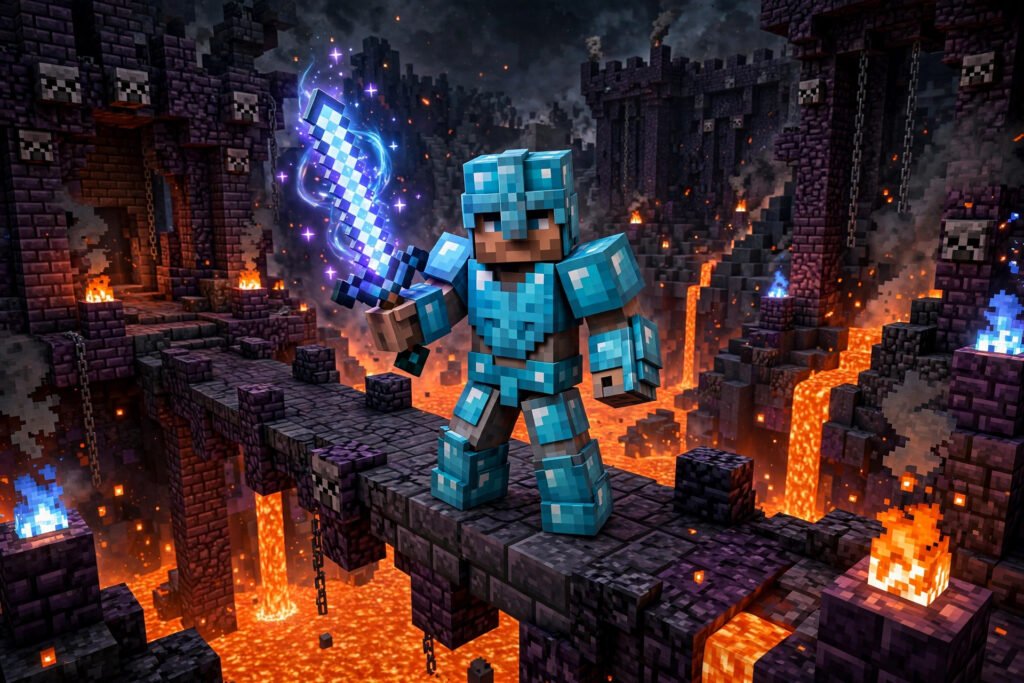 Good Minecraft usernames for PvP with an armored knight on a Nether bridge