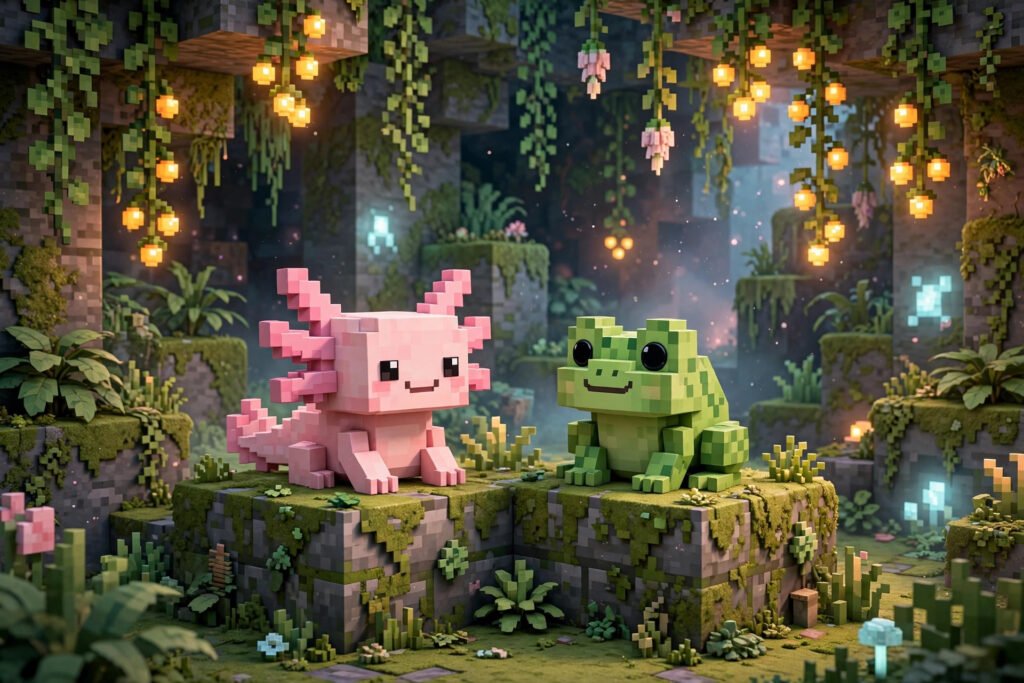 Cute good Minecraft usernames with an axolotl in a lush green cave