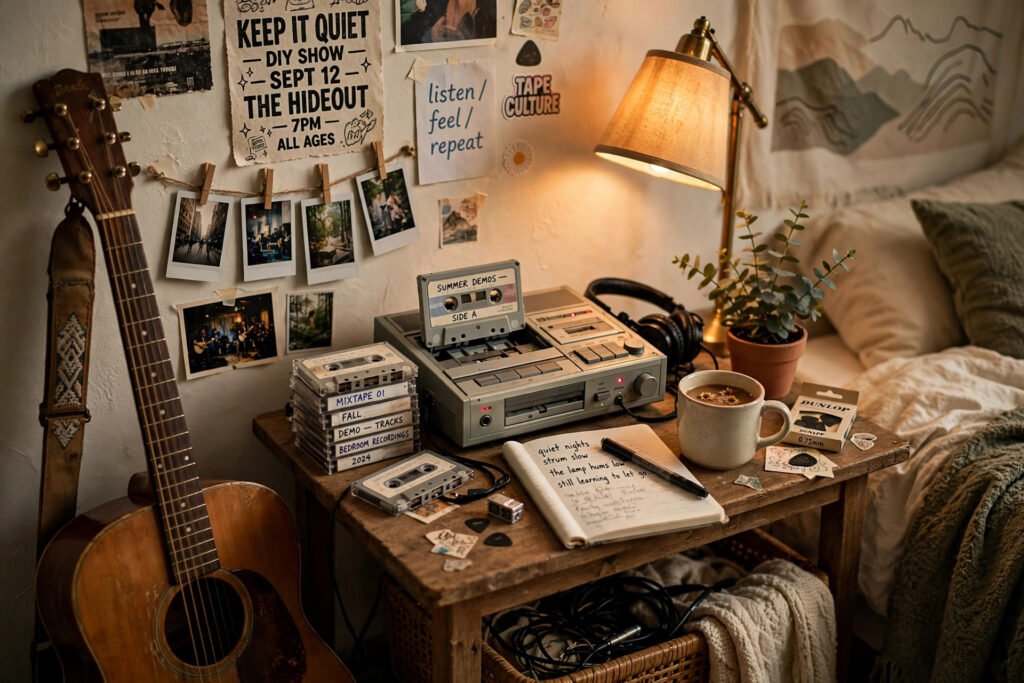 Lo-fi bedroom indie music usernames in soft muted tones
