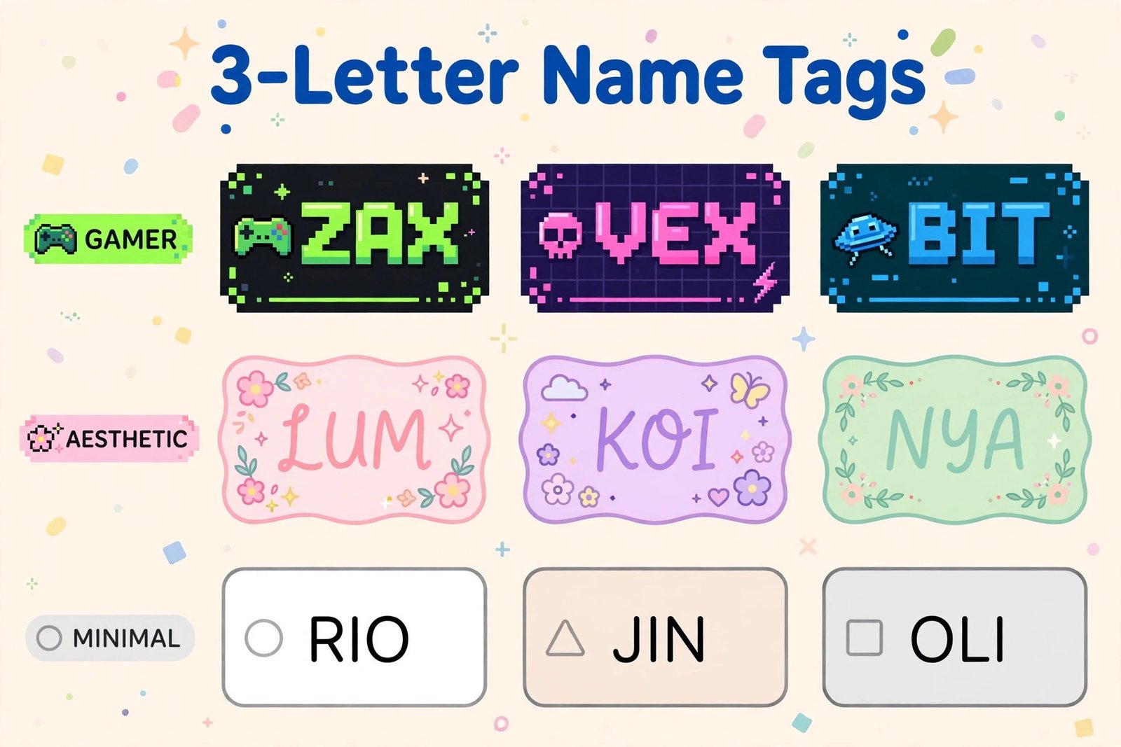 Colorful grid of rare 3 letter usernames in gamer, aesthetic and minimal styles