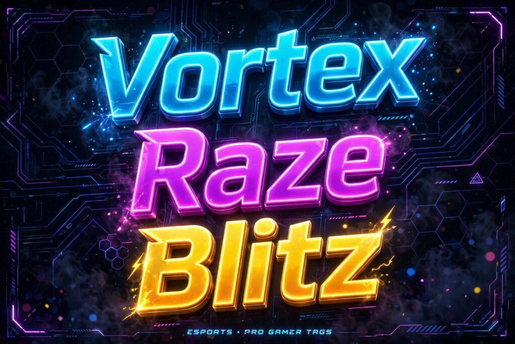 Neon gaming style graphic showing short gamer usernames like Vortex, Raze and Blitz