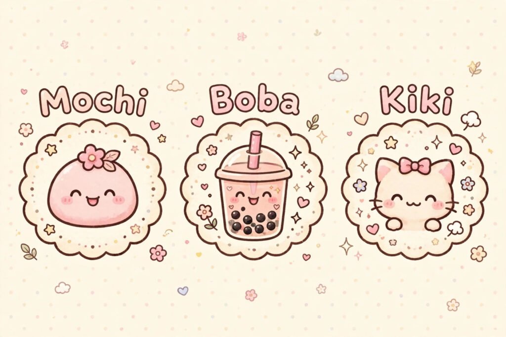 Pastel kawaii style graphic of cute short usernames like Mochi, Boba and Kiki