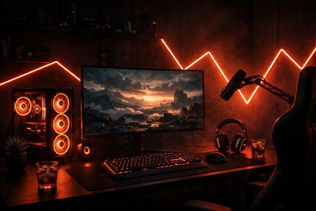 Neon gaming setup inspiring cool Spanish gamer tags for online games