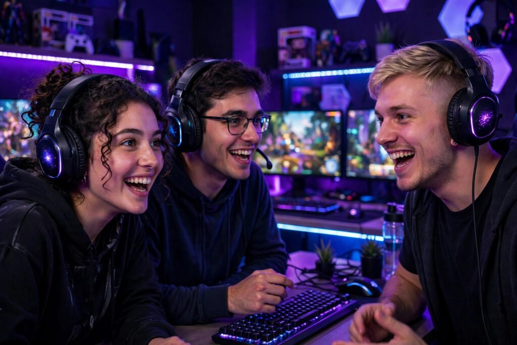 Three gamers with headsets picking cool trio usernames in a neon gaming room