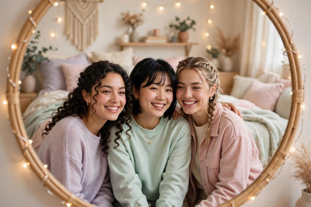 Three friends taking an aesthetic mirror selfie with cute trio usernames in mind