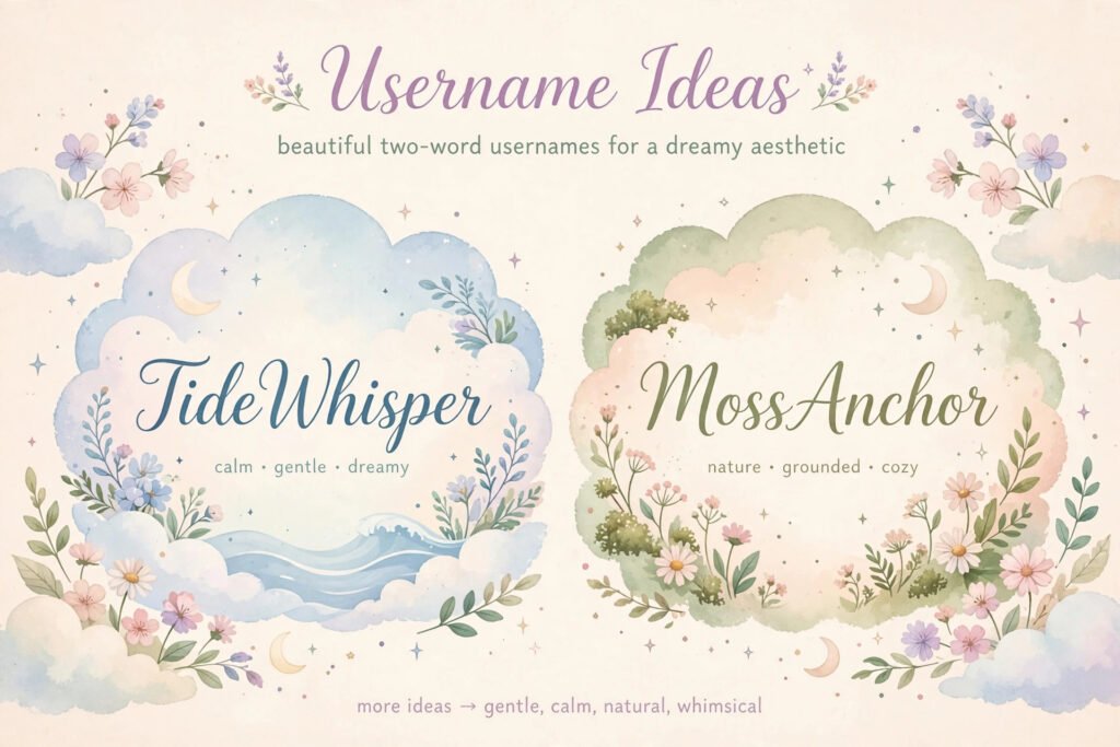 Aesthetic username generator no numbers ideas: two-word usernames like TideWhisper written among flowers and moons