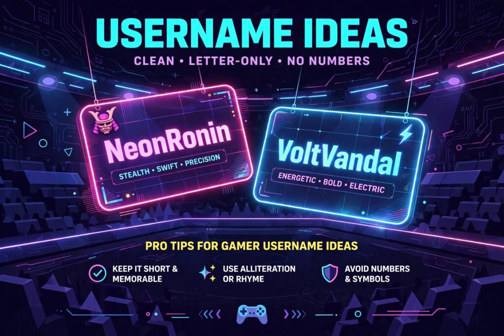 Neon gaming usernames like NeonRonin glowing on holographic tags in dark arena