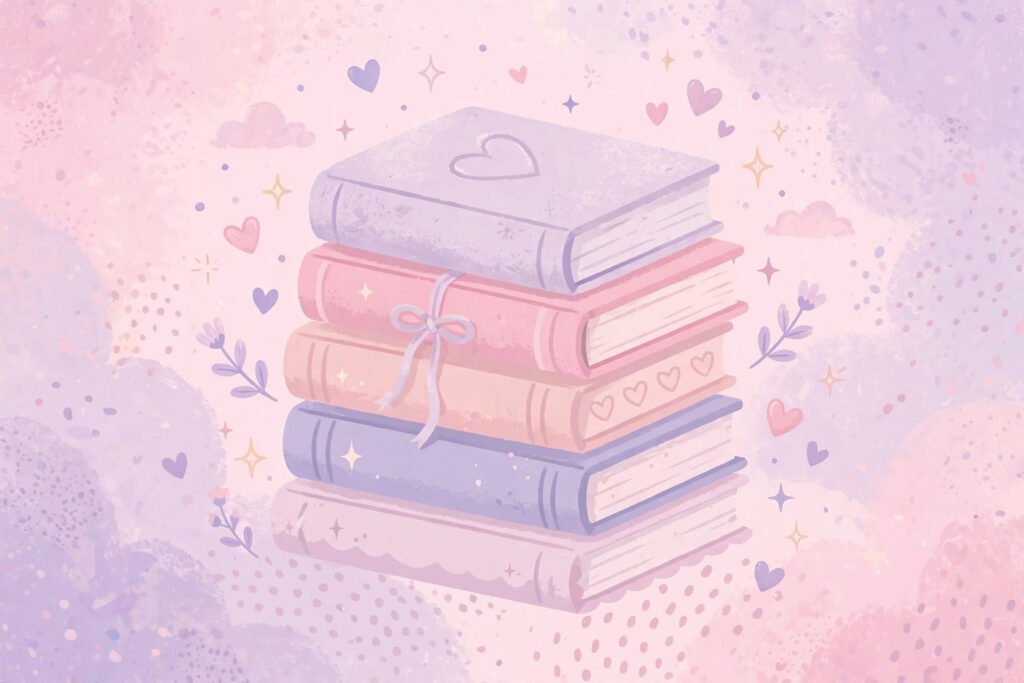 Pastel romance books with hearts showing cute username ideas for Wattpad
