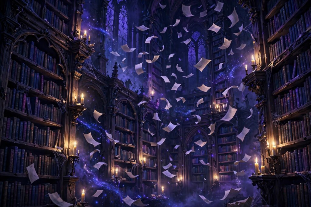 Moody fantasy library with candles inspiring dark username ideas for Wattpad