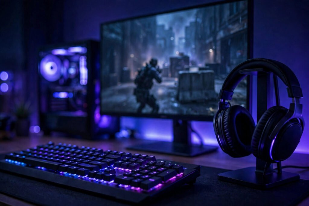 Gaming desk setup glowing at night while picking valorant name ideas for ranked