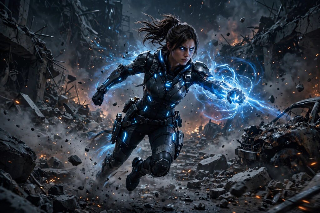 Futuristic agent dashing through a ruined street at night — dark valorant name ideas inspiration
