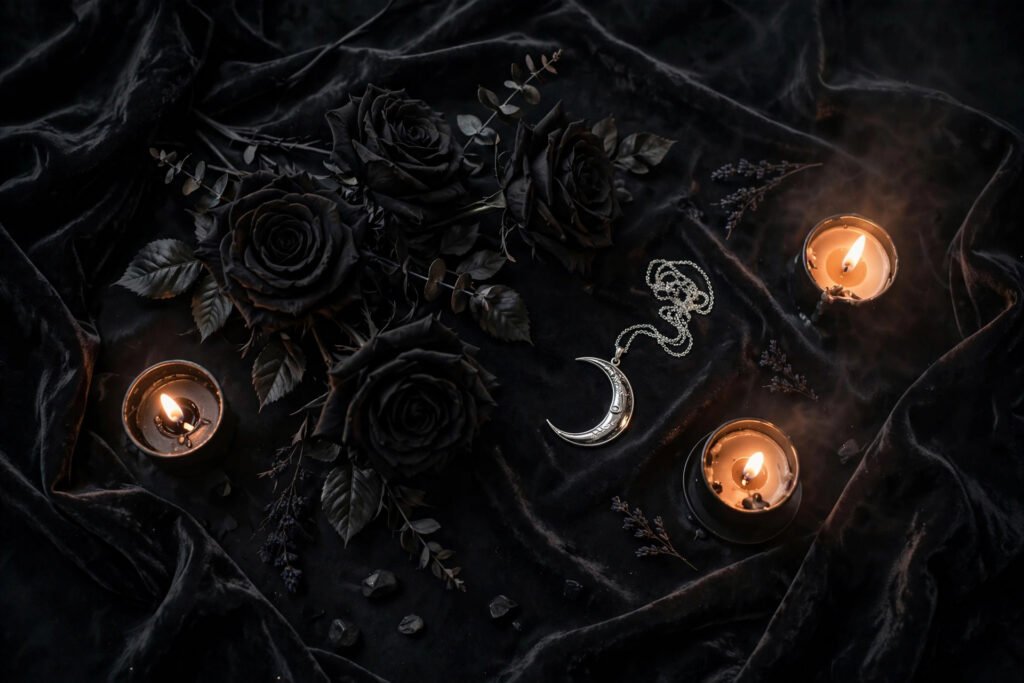 Moody dark aesthetic flat-lay with black roses and candles for dark aesthetic usernames for Instagram