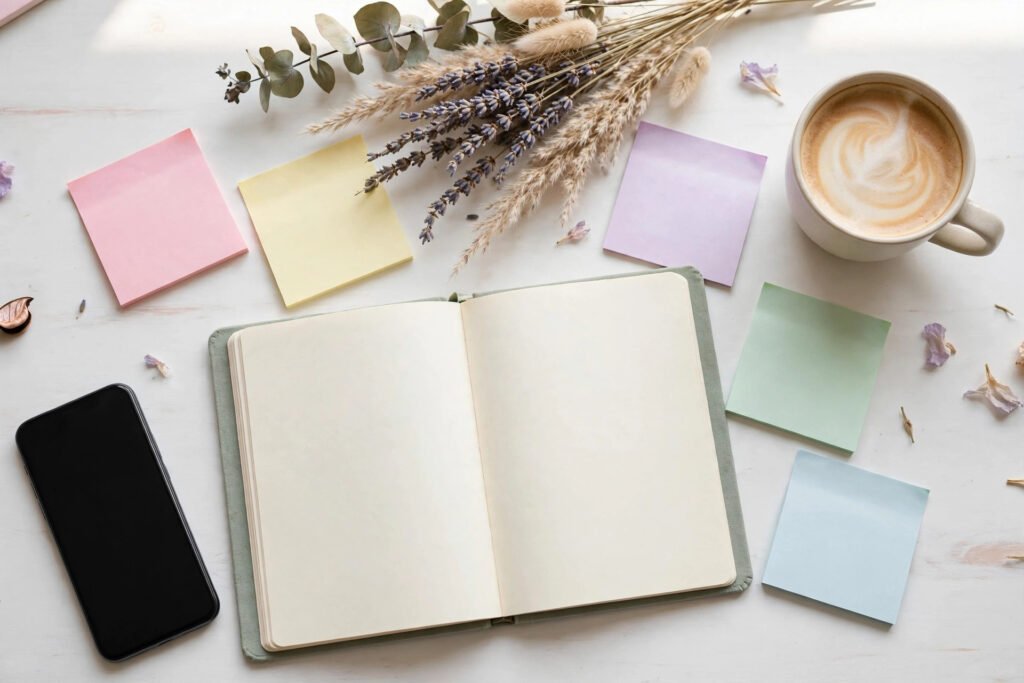 Bright workspace with notebook and smartphone for choosing aesthetic usernames for Instagram