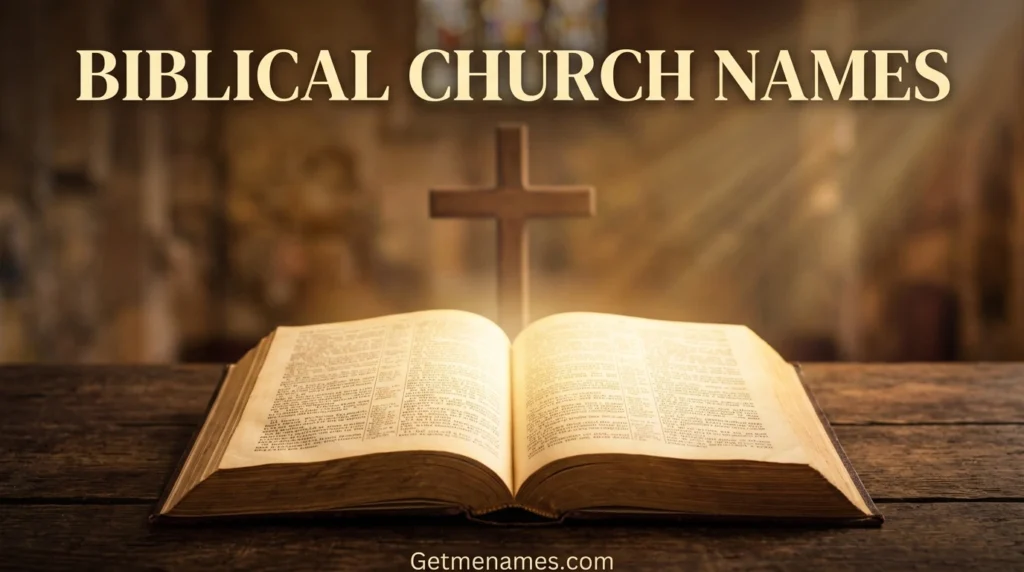 biblical church names theme with open bible and cross representing meaningful church names ideas based on scripture