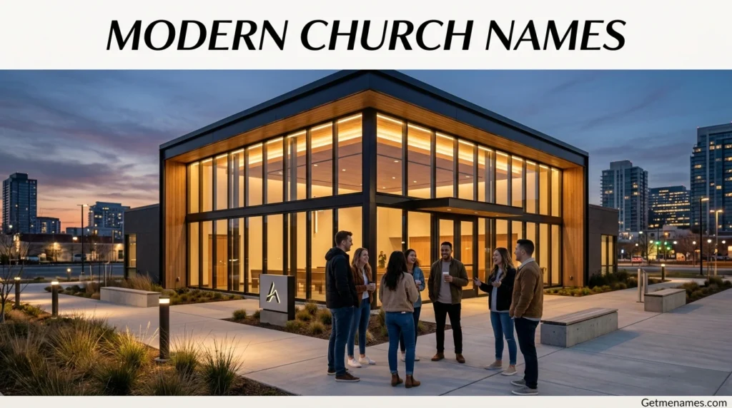 modern church names visual with contemporary church building and youth community representing fresh church names ideas