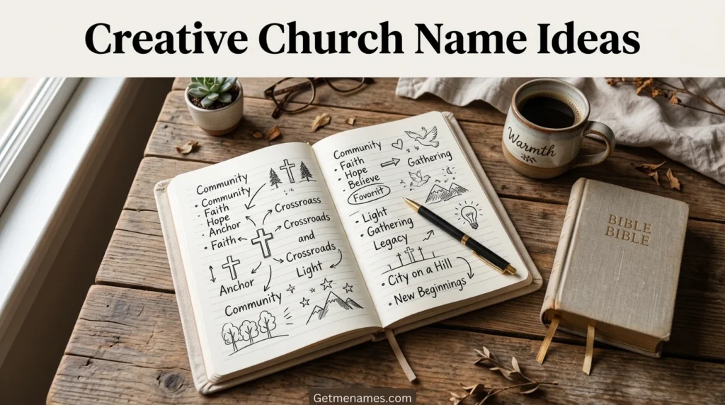 creative church names brainstorming scene with notebook and bible showing church names ideas for modern ministry