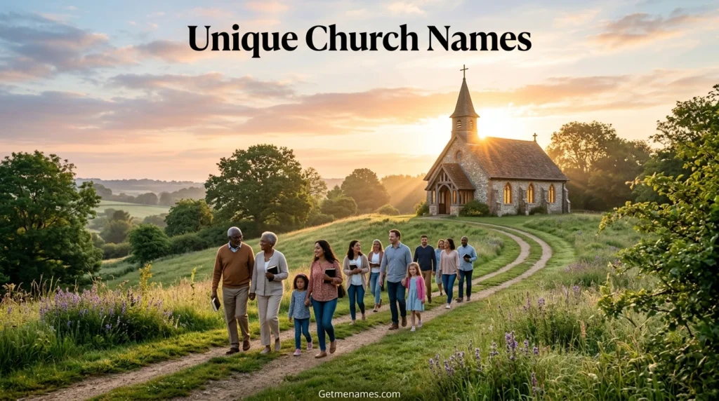 unique church names concept with peaceful church sunrise and community gathering showing inspiring church names ideas